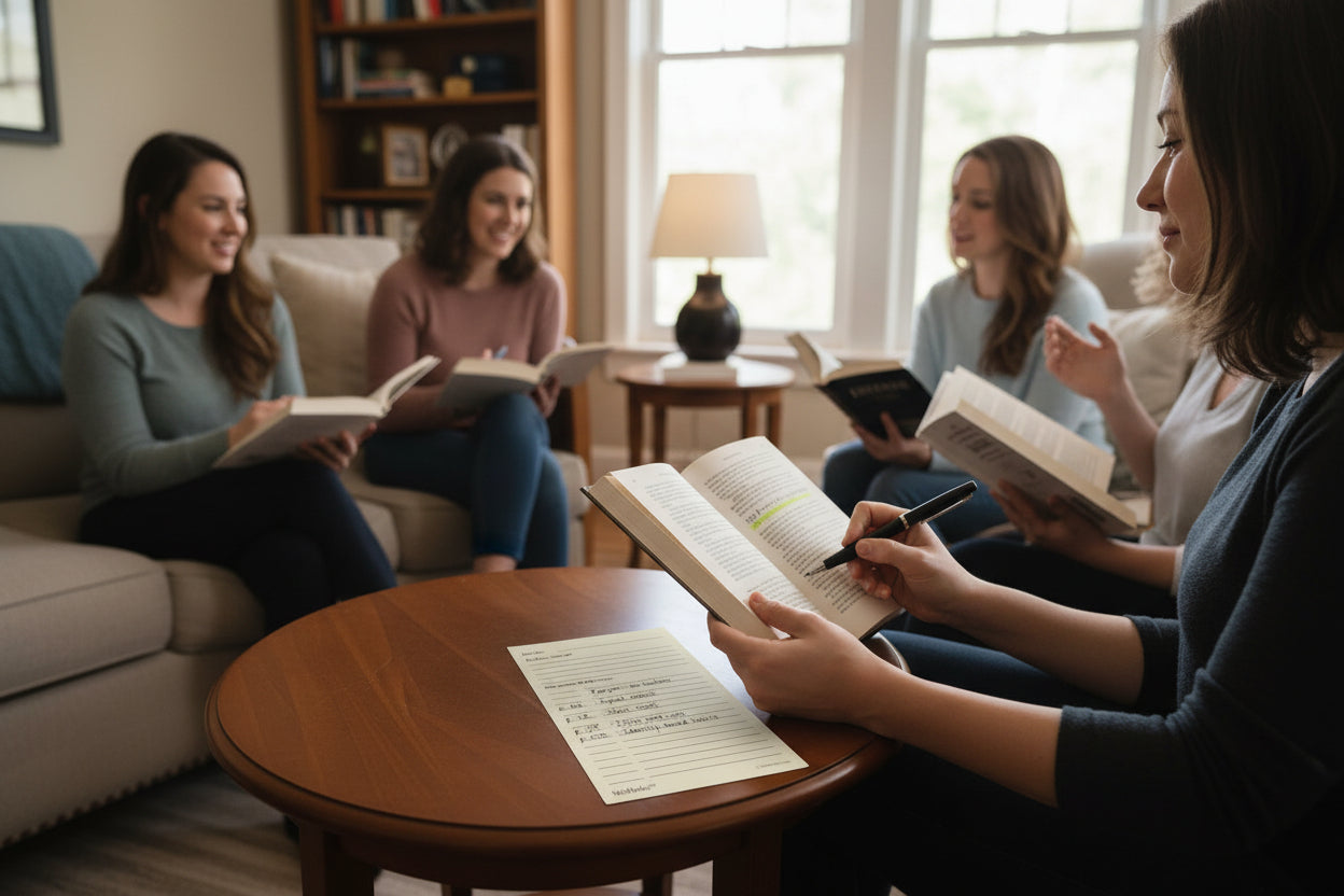 Person reading a book with a pen and taking notes on mind marker (plotkeeper and insightkeeper) on a piece of paper in a cozy room.